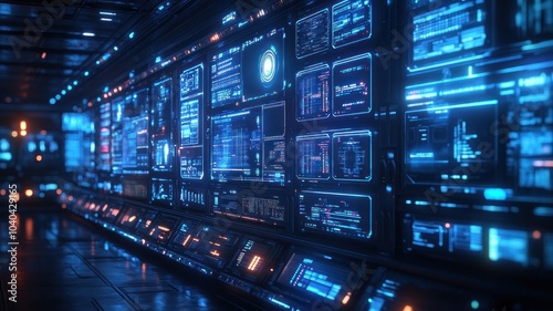 Wallpaper Mural A dynamic digital wall filled with multiple data screens in a high-tech control room, showcasing a futuristic environment with cool blue tones and an immersive atmosphere. Torontodigital.ca