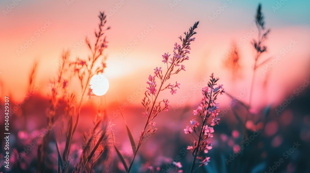 Beautiful natural panoramic countryside landscape. Blooming wild high grass in nature at sunset warm summer. Pastoral scenery. Selective focusing on foreground. Generative AI
