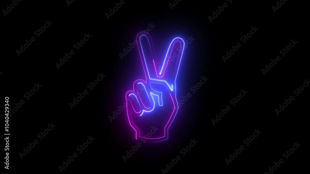 Neon V sign icon colorful animation black background. Glowing hand with two fingers in piece gesture. Neon V sign icon colorful animation black background. Glowing hand with two fingers in piece gesture.