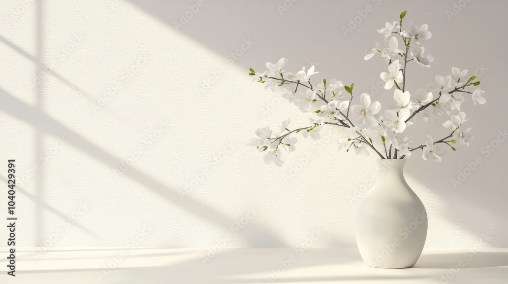 Interior of a home with white flowers in a vase against a light background Interior of a home with white flowers in a vase against a light background