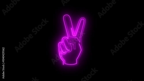 Neon V sign icon colorful animation black background. Glowing hand with two fingers in piece gesture.