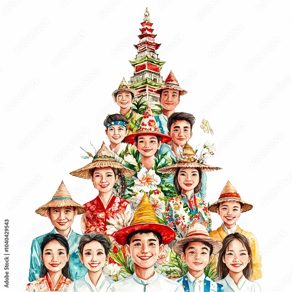 Multicultural Watercolor Illustration of Diverse People