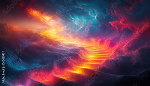 a spiritual theme depicting a glowing stairway climbing upwards in colorful clouds photo