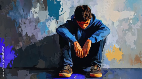 Depressed Young man, Teenager, Boy, Suffering From Depression, Youth Mental Health Crisis, PTSD, Secondary High School Student Depression, Youth Homelessness, Generative AI