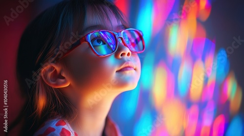 Curious Child with Glasses Admiring Colorful Lights