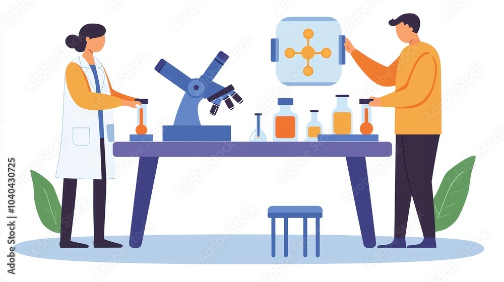 Two scientists working in a laboratory, conducting experiments with various chemicals and equipment. Two scientists working in a laboratory, conducting experiments with various chemicals and equipment.