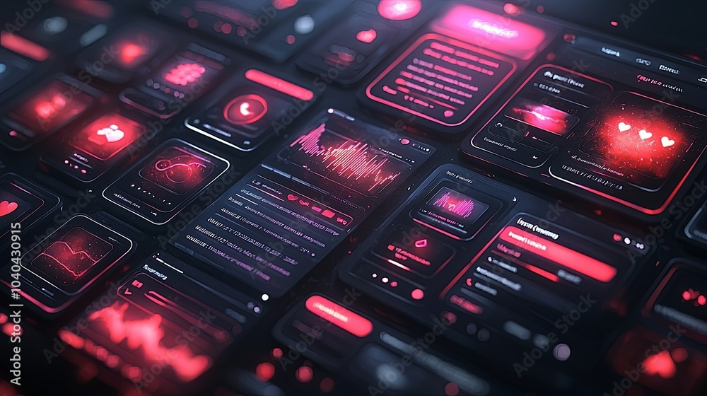 Futuristic social media app interface with vibrant data visualization