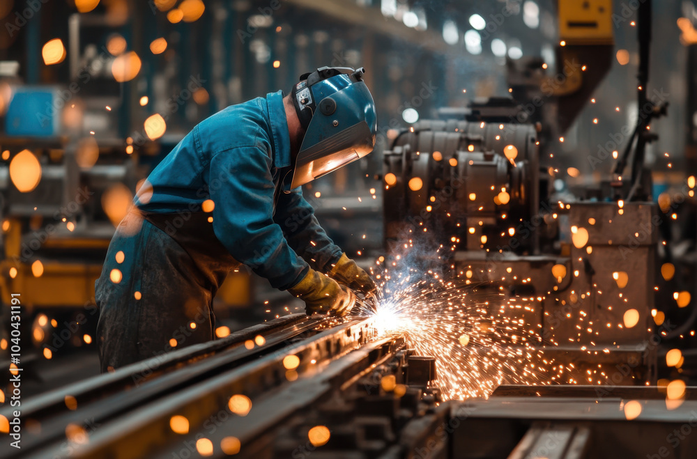 worker is welding metal parts in industrial setting, surrounded by sparks and bright lights. scene captures intensity and focus of task at hand, showcasing craftsmanship involved