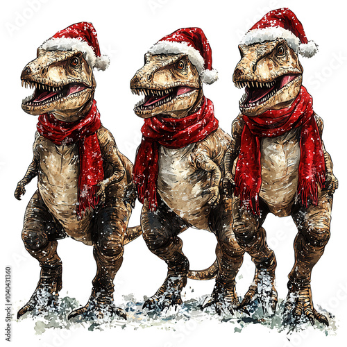 Three playful dinosaurs in Santa hats and scarves bringing holiday cheer. Perfect for festive and whimsical themes. photo