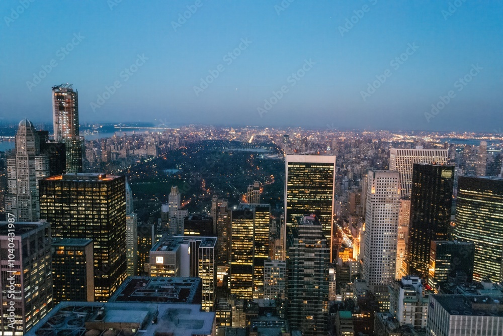 Obraz premium The city skyline is lit up at night