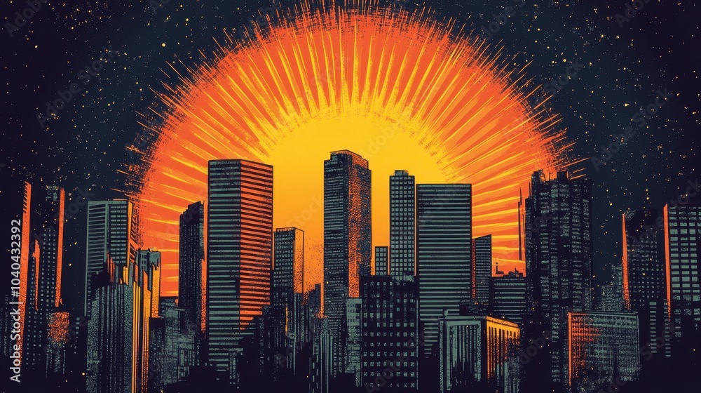 Obraz premium Downtown cityscape with orange yellow sun ray sun burst comic halftone retro design. Summer design. Dark night halloween theme. Generative AI