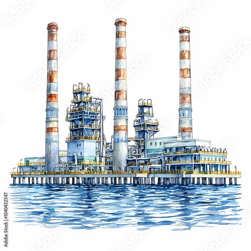 Watercolor Industrial Landscape with Factory and Smokestacks photo