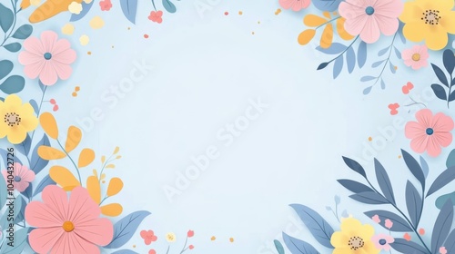 Frame created with fresh, pastel, field flowers and leaves. Text, empty space. Soft pastel background, flat lay. Floral colorful decoration. Illustration, stock.