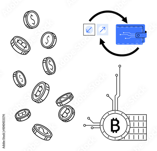 Multiple dollar and bitcoin coins floating, with a wallet showing exchange arrows, and a circuit-like bitcoin symbol. Ideal for cryptocurrency, digital finance, blockchain technology, investment