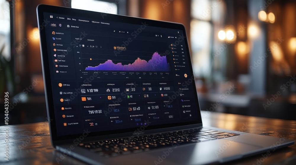 Laptop Displaying Cryptocurrency Data in a Modern Cafe Setting Laptop Displaying Cryptocurrency Data in a Modern Cafe Setting