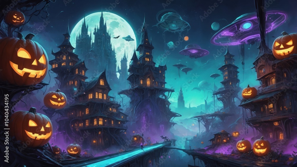 Obraz premium haunted town with illuminated gothic houses with pumpkins, bats flying with full moon. surroundings gives Halloween feeling or fantasy atmosphere.