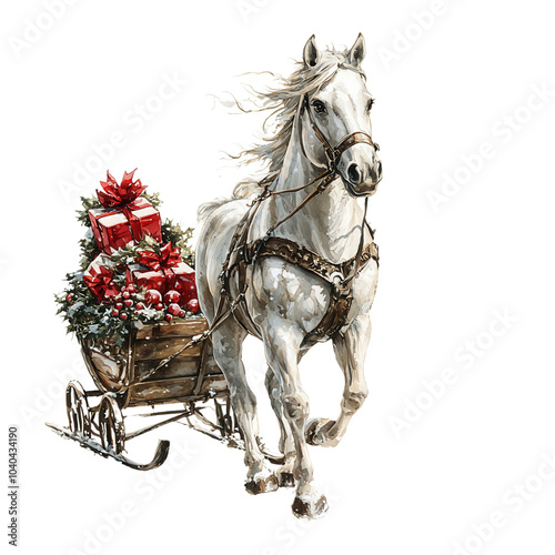 A beautiful white horse pulling a festive sleigh filled with colorful gifts, perfect for holiday celebrations and winter themes.