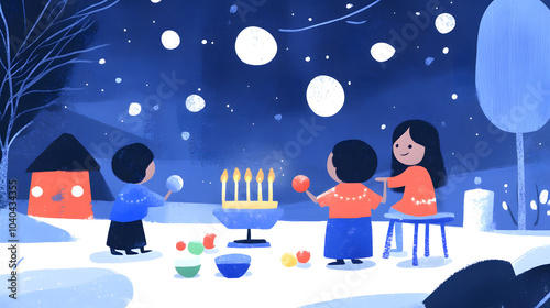 Children playing dreidel games in front of menorah during snowy night, surrounded by colorful objects and serene winter landscape photo