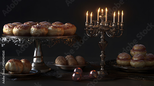 traditional Hanukkah scene featuring beautifully lit menorah alongside delicious latkes and sweet pastries. warm glow creates festive atmosphere, perfect for celebration photo