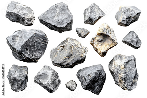 A collection of rough, dark rocks displayed on a black background, showcasing various sizes and textures typical of natural mineral specimens.