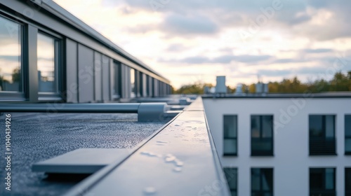 The roof of a private building is covered with a polymer storm drainage system with a gutter