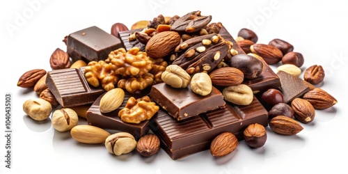A Heap of Chocolate and Assorted Nuts, Food Photography, Close-Up, Delicious Treat, Chocolate, Nuts, Almonds