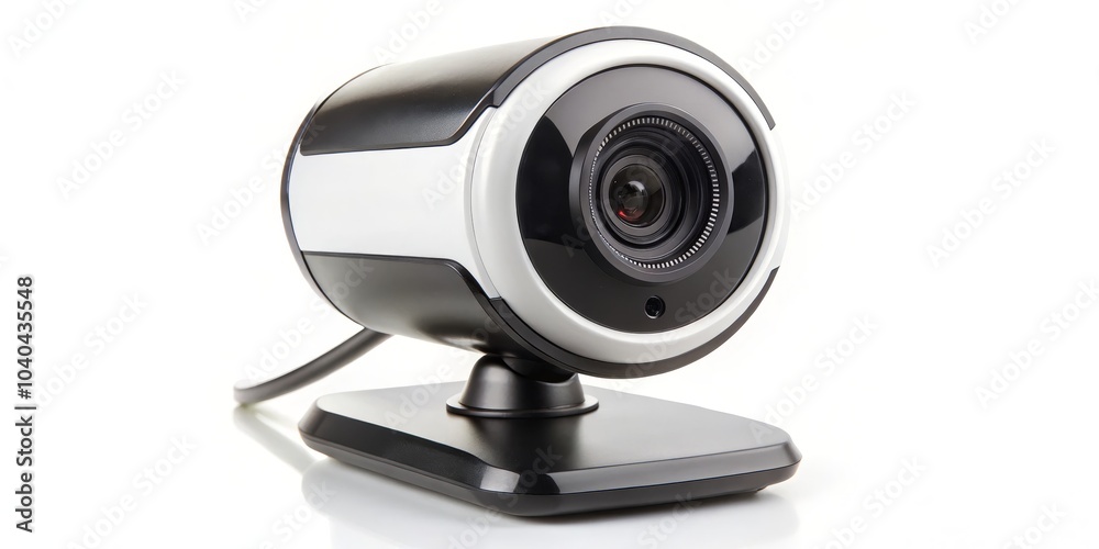 A sleek black and white webcam with a round lens and a wide base, perfect for video calls and online meetings.,webcam,video call,online meeting