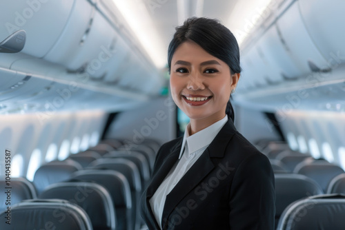 Warm Smiling Flight Attendant in Modern Airplane Cabin Ready to Assist Passengers photo