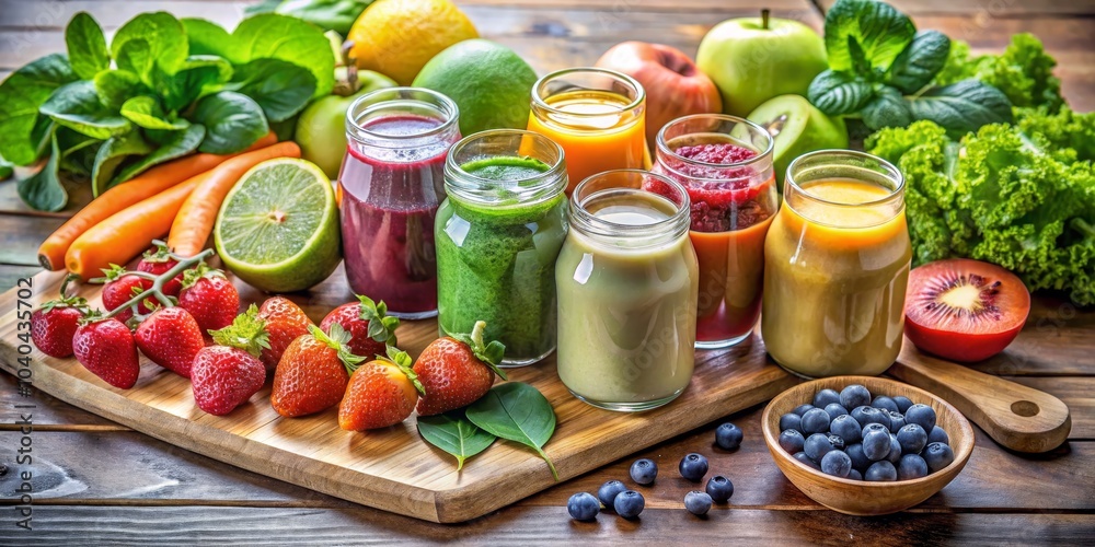 A Variety of Fresh Fruit Smoothies on a Wooden Cutting Board, Fruits and Berries, Healthy Food, Lifestyle, Nutrition, Smoothies, Juices A Variety of Fresh Fruit Smoothies on a Wooden Cutting Board, Fruits and Berries, Healthy Food, Lifestyle, Nutrition, Smoothies, Juices