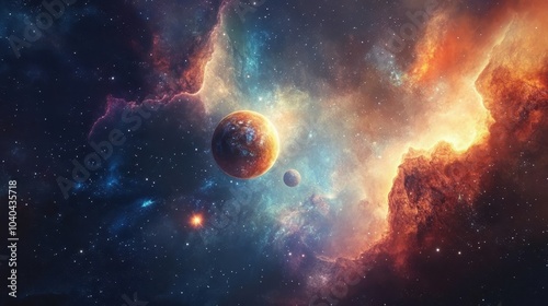 Universe, galaxy, space background. Nebula, planets, starts, suns, and planets colorful wallpaper. Science, astronomy telescope view.