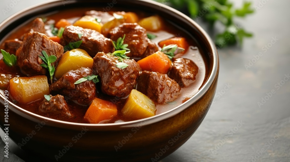Traditional beef stew in a ceramic bowl, featuring fresh herbs and vegetables, perfect for cozy winter evenings Traditional beef stew in a ceramic bowl, featuring fresh herbs and vegetables, perfect for cozy winter evenings