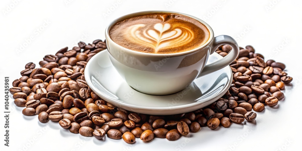 Fototapeta premium Aromatic Coffee Cup with Latte Art, White Background, Coffee Beans, Caffeine, Latte Art, Coffee Beans