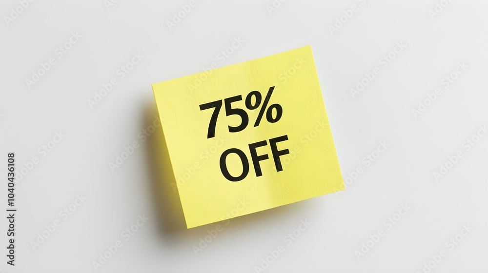 Black '75% OFF' Text on a Yellow Square Paper Note. White Background with Copy Space Black '75% OFF' Text on a Yellow Square Paper Note. White Background with Copy Space