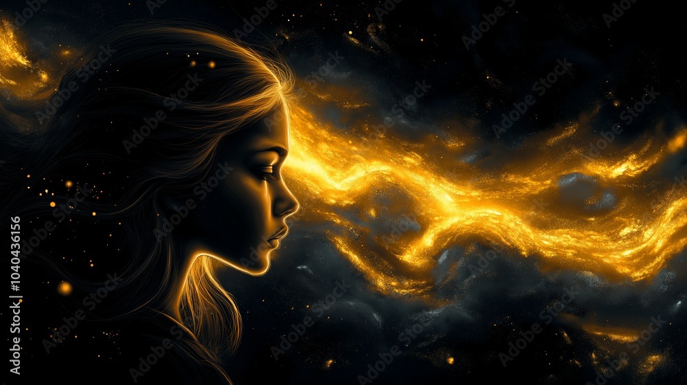 Young Woman's Profile with Flowing Golden Light in a Dark Starry Sky Young Woman's Profile with Flowing Golden Light in a Dark Starry Sky