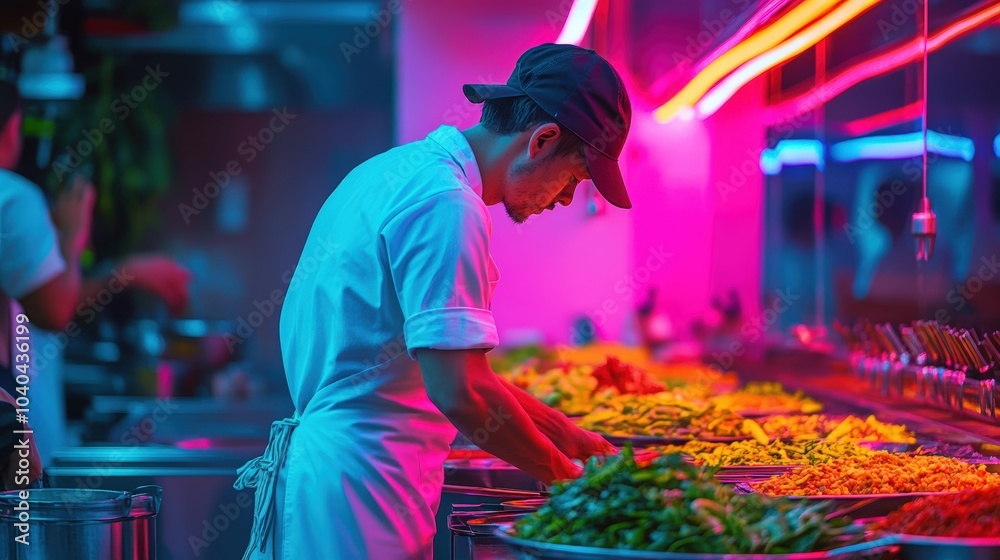 Colorful Food Preparation in Vibrant Kitchen Setting