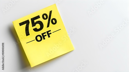 Black '75% OFF' Text on a Yellow Square Paper Note. White Background with Copy Space