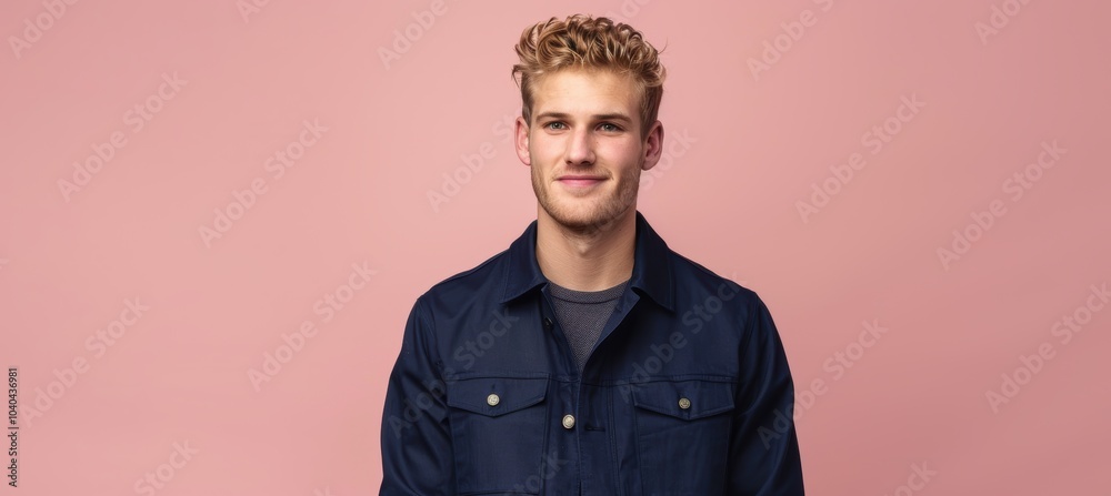 Fototapeta premium Young Man in Navy Blue Jacket with Warm Smile Against Soft Pink Background for Portrait Use