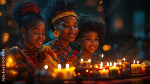 cultural holiday gathering, family joins in lively Kwanzaa festivities, lighting candles on kinara, sharing gifts, and adorning space with African decor photo