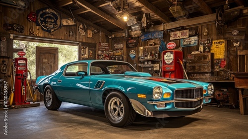 Vintage Blue Camaro in a Rustic Garage photo