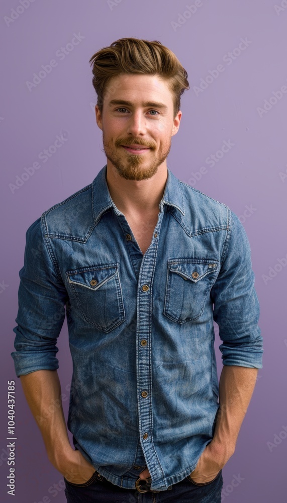 Casual Portrait of a Relaxed Man in Denim Shirt Against Lavender Background Casual Portrait of a Relaxed Man in Denim Shirt Against Lavender Background