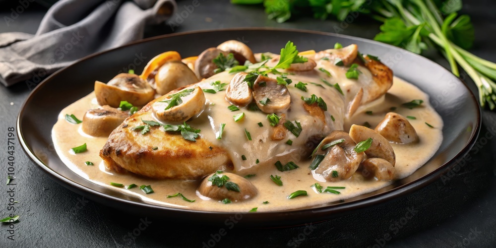 Chicken Breast with Creamy Mushroom Sauce, Parsley Garnish, Close-up, Food Photography, Chicken, Mushroom, Sauce