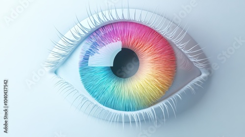 Multicolored iris of the eye animation concept. Rainbow lines scattered out of a white circle forming volumetric iris and pupil.