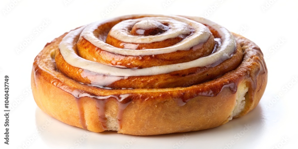 Fototapeta premium Close-up of a Single Cinnamon Roll with White Icing, Cinnamon Roll, Pastry, Bakery