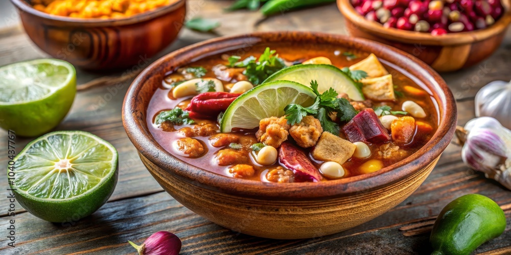 Close-up of a Rustic Bowl of Hearty Chili with Lime, Cilantro and Peppers, Chili, Lime, Cilantro Close-up of a Rustic Bowl of Hearty Chili with Lime, Cilantro and Peppers, Chili, Lime, Cilantro