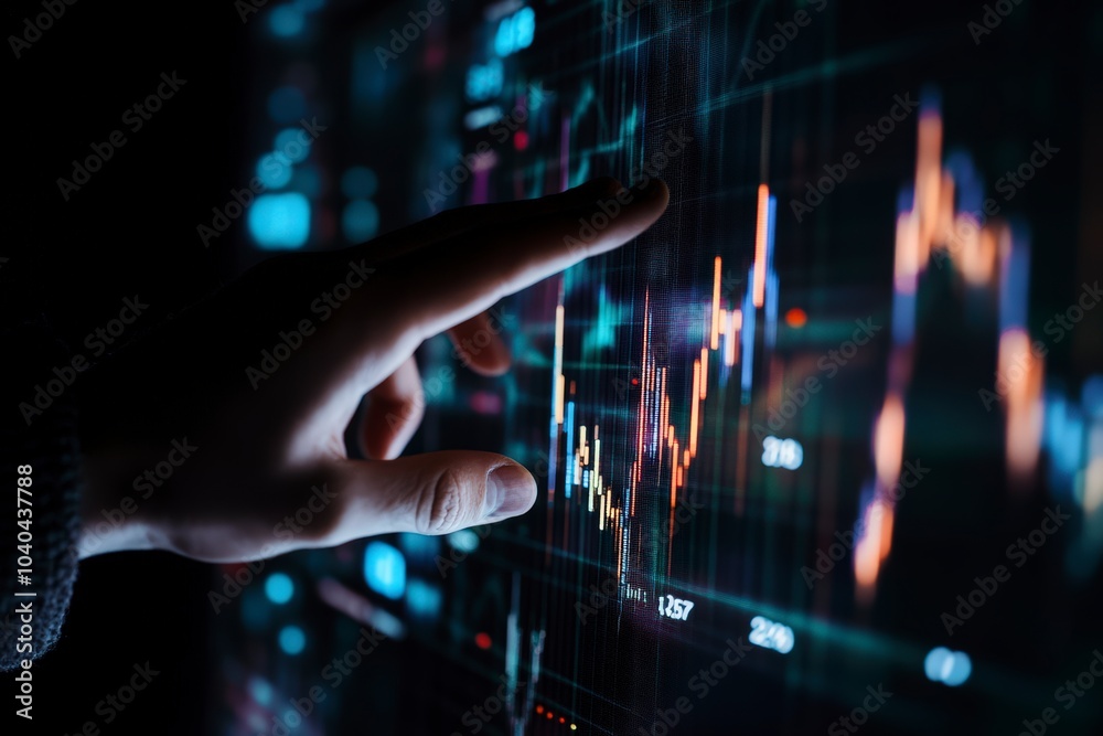 Close-up of hand interacting with a financial chart on a screen. Close-up of hand interacting with a financial chart on a screen.