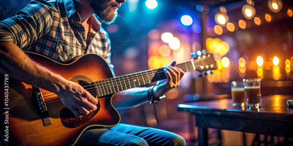 Obraz premium Close-up of a Man Playing an Acoustic Guitar in a Dimly Lit Bar, Guitarist, Live Music, Acoustic