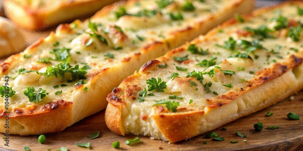 Close-up of Cheesy Garlic Bread with Parsley, Food Photography, Appetizer, Bread, Garlic ,garlic bread, appetizer