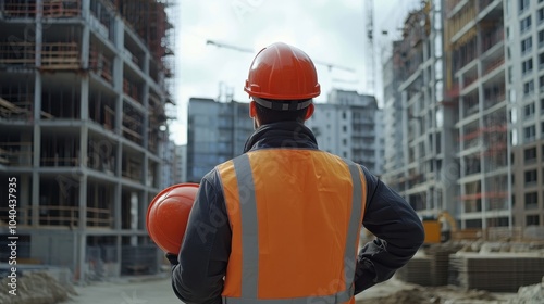 Construction worker holding his helmet while looking at construction site. Occupational Safety and Health (OSH)