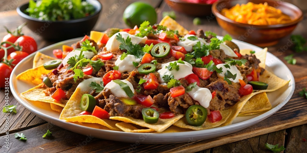 Close-Up of Delicious Beef Nachos with Cilantro, Tomatoes, and Sour Cream, Nachos, Mexican food, Appetizer Close-Up of Delicious Beef Nachos with Cilantro, Tomatoes, and Sour Cream, Nachos, Mexican food, Appetizer
