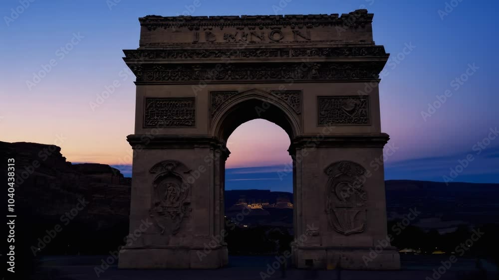 Roman triumphal arch with detailed carvings and inscriptions, captured as the camera zooms out under low key lighting against a twilight sky Roman triumphal arch with detailed carvings and inscriptions, captured as the camera zooms out under low key lighting against a twilight sky